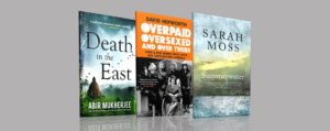 The Book Club book covers (The Death in the East, Overpaid Oversexed and Over There and Summerwater) on a grey background