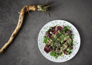 Charlie Hibbert's bavette, beetroot, horseradish, and radicchio dish